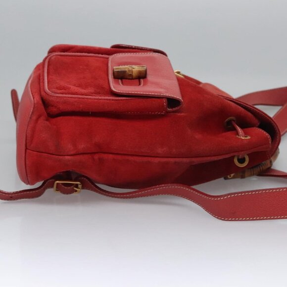 GUCCI Bamboo Backpack Suede Leather Red Gold - Picture 3 of 16
